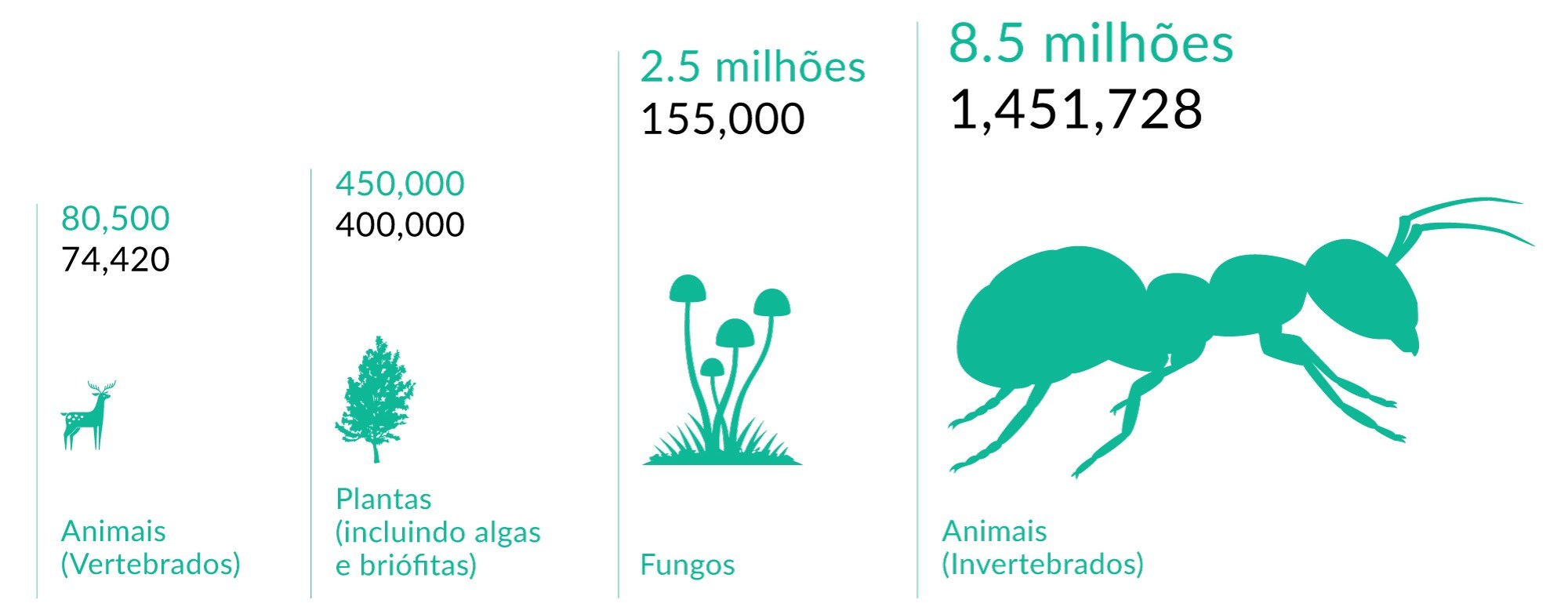 Número de espécies estimadas no mundo e já descritas pela ciência